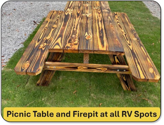 Picnic table and firepit at all RV sites at M & M Outdoors Campground.