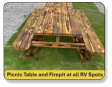 Picnic table and firepit at all RV sites at M & M Outdoors Campground.